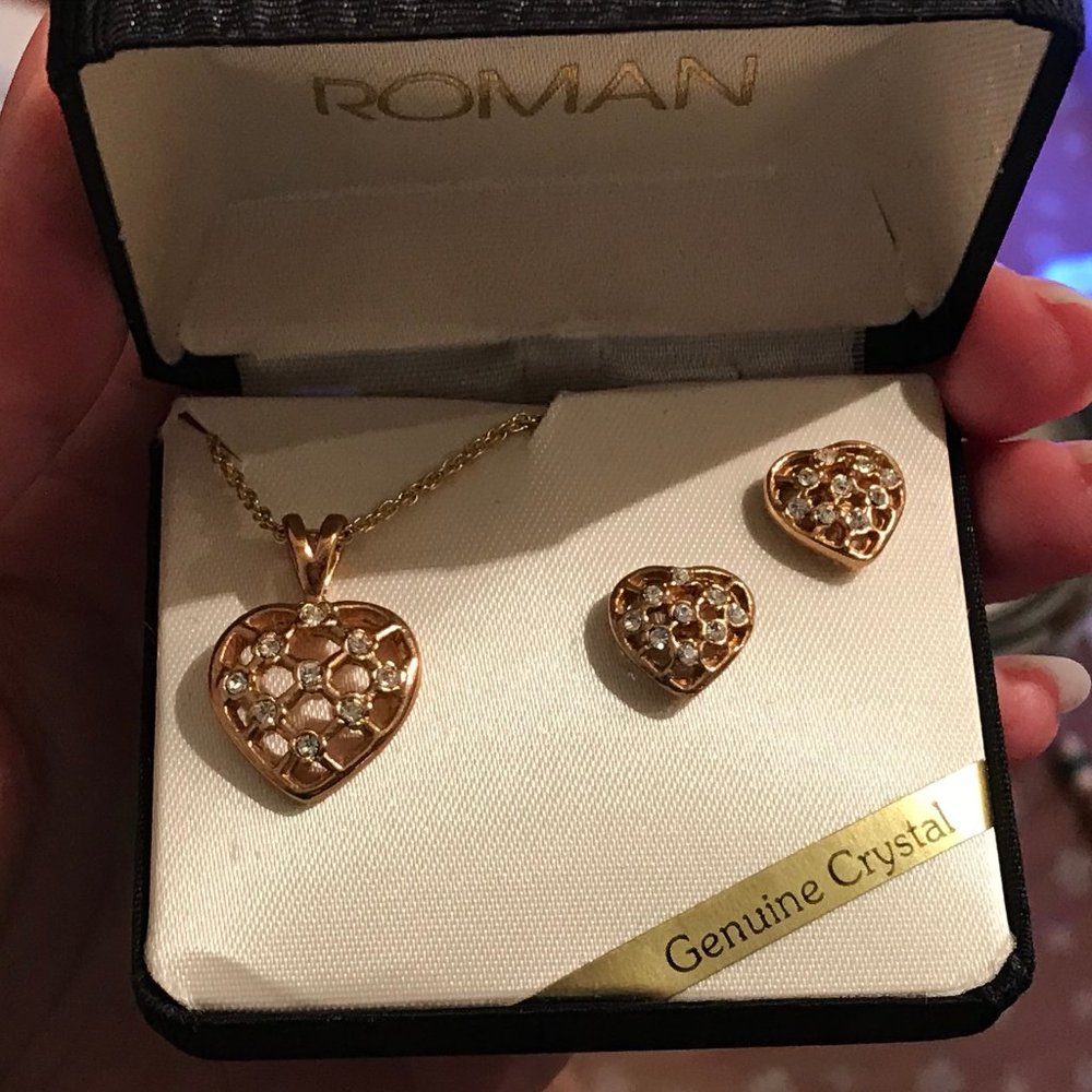 VTG Roman Crystal Set (Heart Necklace + Earrings)